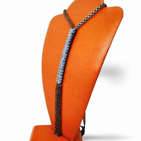 Antique Gold Tone 31”Faceted Caviar Beaded Fringe Tassel Chain Necklace JW1541 - Picture 2 of 5